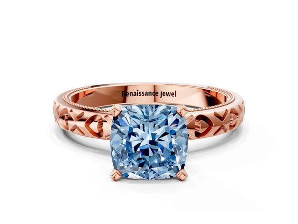 Rose gold Fancy Blue Cushion  Solitaire Diamond Engagement Ring with XO Engraved Band and Four-Prong Setting