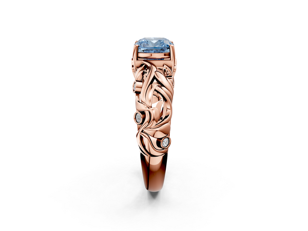 Rose gold Fancy Blue Cushion Cut Solitaire Diamond Leaf-Inspired Vine Band Ring with Prong Setting