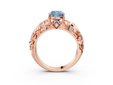 Rose gold Fancy Blue Cushion  Solitaire Diamond Leaf Vine Band with Prong Setting_31