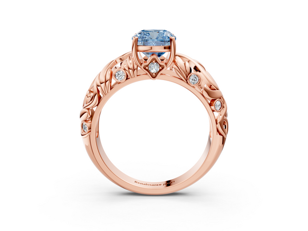 Rose gold Fancy Blue Cushion Cut Solitaire Diamond Leaf-Inspired Vine Band Ring with Prong Setting