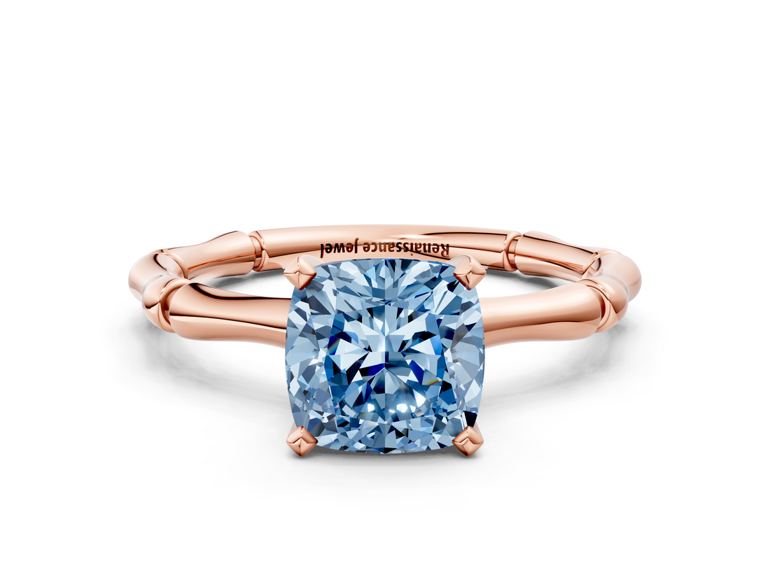 Rose gold Fancy Blue Cushion  Solitaire Diamond Ring with Bamboo Band and Four-Prong Setting_52