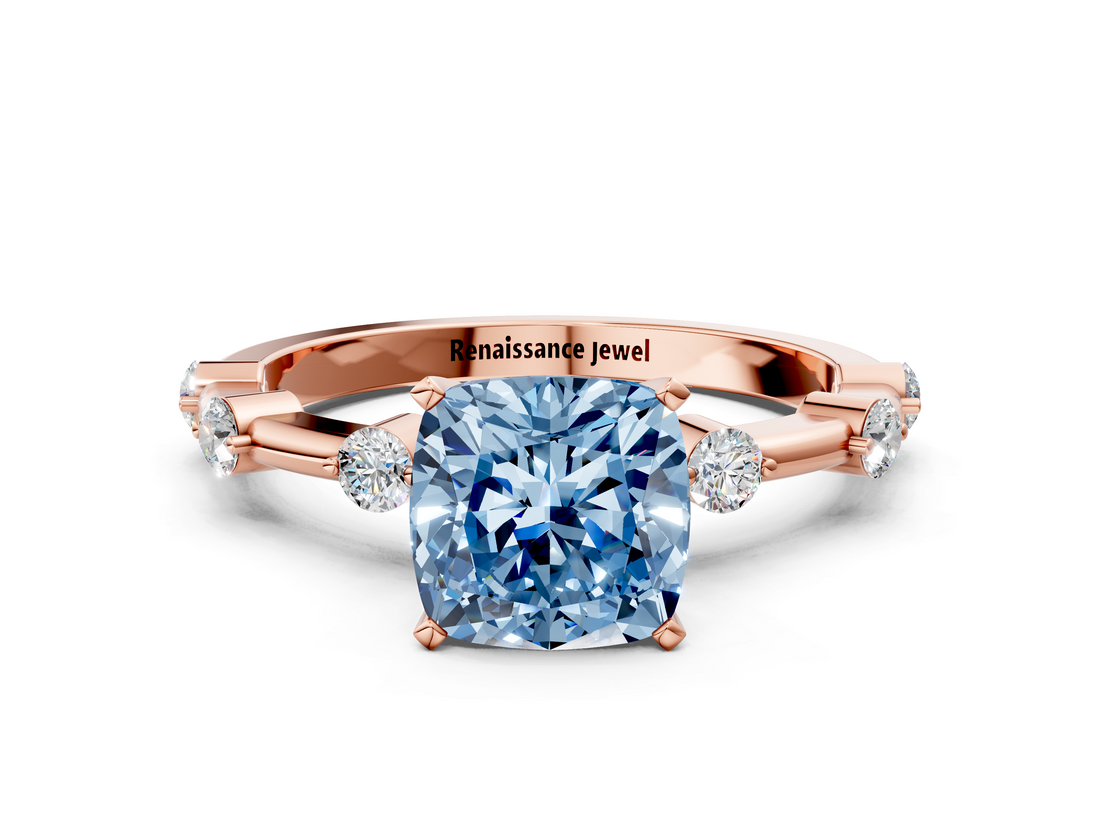 Rose gold Fancy Blue Cushion  Solitaire Diamond Ring with Bezel Set Side Stones and Prong Setting_3
