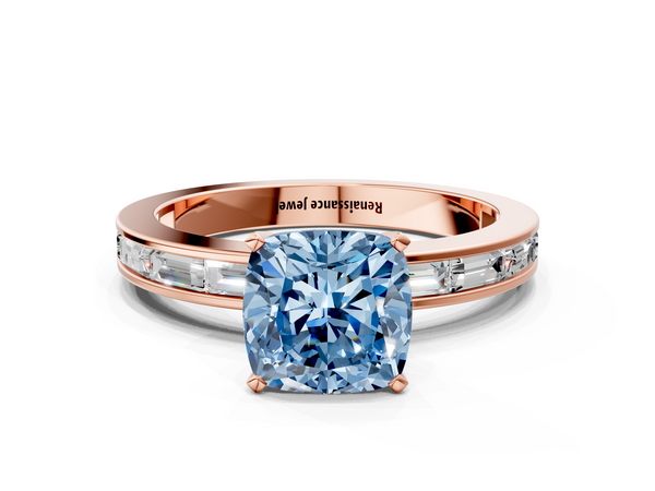 Rose gold Fancy Blue Cushion  Solitaire Diamond Ring with Channel-Set Baguette Band and Four-Prong Setting