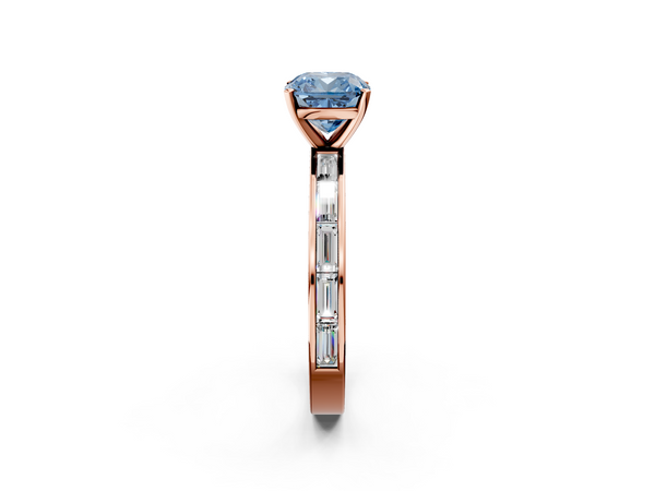 Rose gold Fancy Blue Cushion  Solitaire Diamond Ring with Channel-Set Baguette Band and Four-Prong Setting