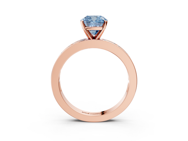 Rose gold Fancy Blue Cushion  Solitaire Diamond Ring with Channel-Set Baguette Band and Four-Prong Setting
