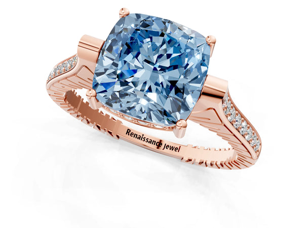Rose Gold Cushion Cut Vintage Cathedral Engagement Ring Setting for Fancy Blue Center