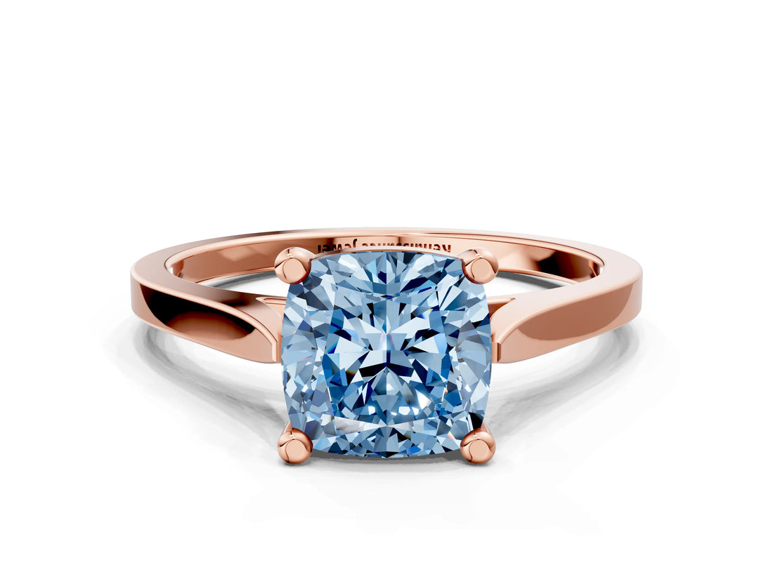 Rose gold Fancy Blue Cushion  Solitaire Diamond Ring with Four-Prong Setting and Tapered Band