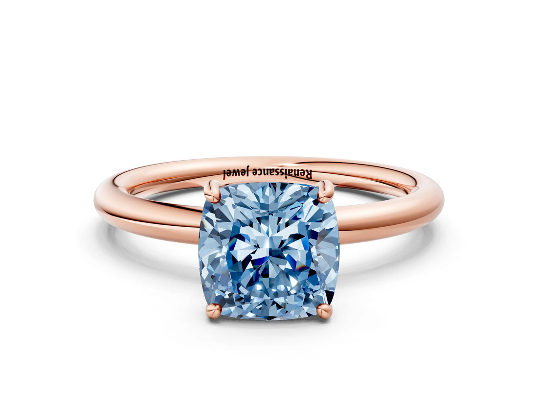 Rose gold Fancy Blue Cushion  Solitaire Diamond Ring with Four-Prong Setting on a Plain Band_20