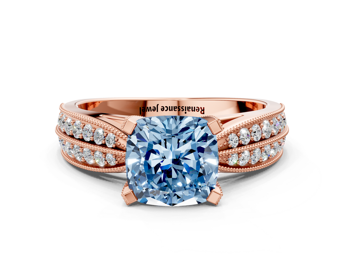Rose gold Fancy Blue Cushion  Solitaire Diamond Ring with Milgrain Pavé Band and Four-Prong Setting_19