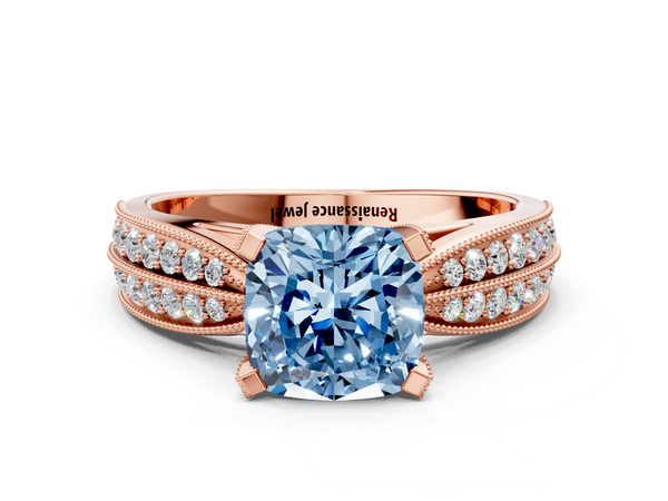 Rose gold Fancy Blue Cushion  Solitaire Diamond Ring with Milgrain Pavé Band and Four-Prong Setting