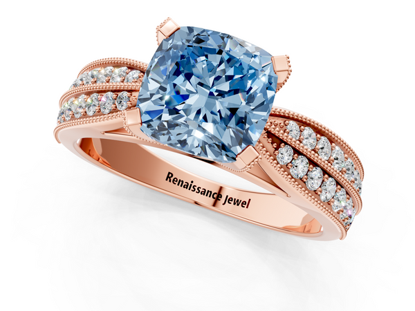 Rose gold Fancy Blue Cushion  Solitaire Diamond Ring with Milgrain Pavé Band and Four-Prong Setting