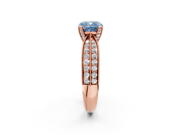 Rose gold Fancy Blue Cushion  Solitaire Diamond Ring with Milgrain Pavé Band and Four-Prong Setting