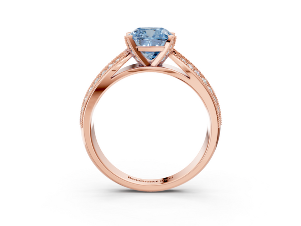 Rose gold Fancy Blue Cushion  Solitaire Diamond Ring with Milgrain Pavé Band and Four-Prong Setting
