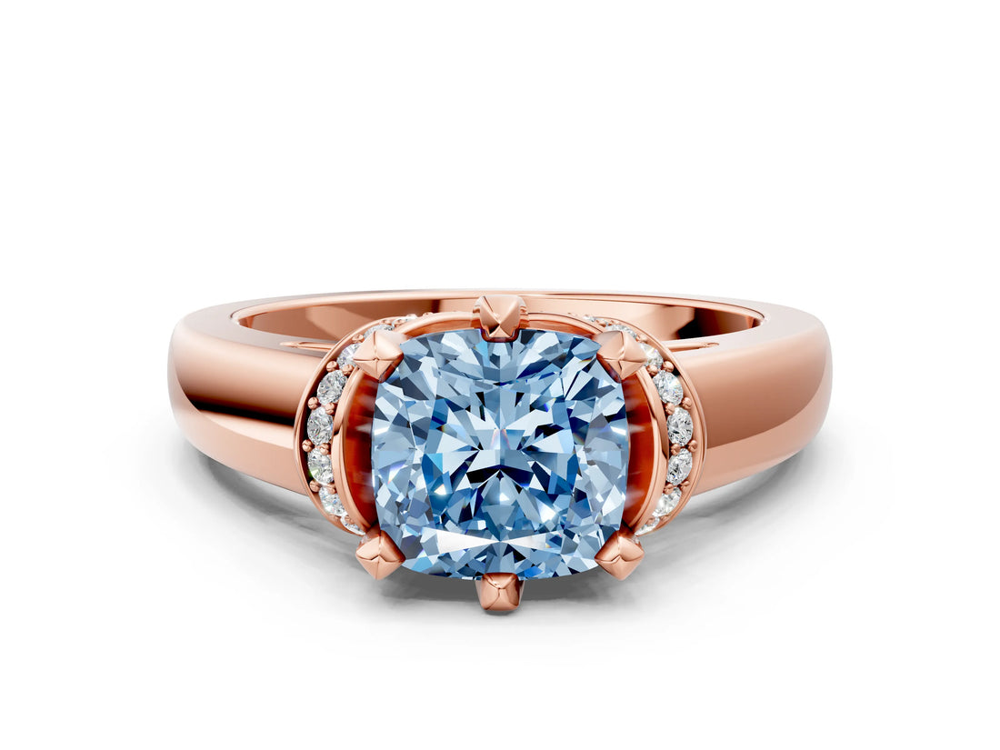 Rose gold Fancy Blue Cushion  Solitaire Diamond Ring with Pave Band and Six-Prong Setting_32