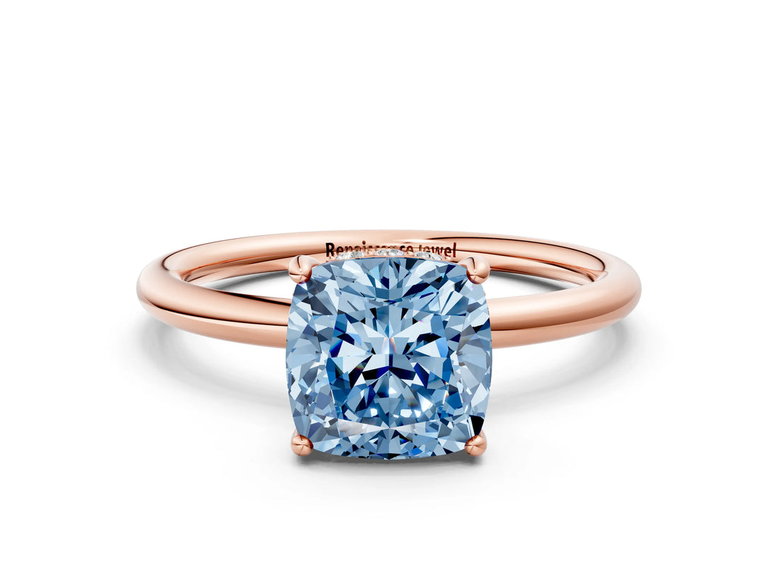 Rose gold Fancy Blue Cushion  Solitaire Diamond Ring with a Classic Band and Four-Prong Setting 1