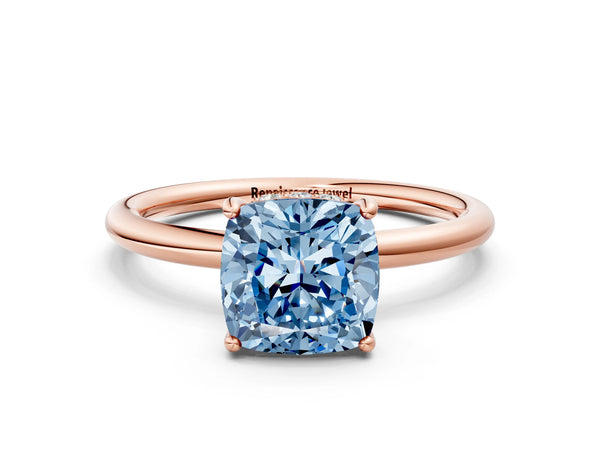 Rose gold Fancy Blue Cushion  Solitaire Diamond Ring with a Classic Band and Four-Prong Setting