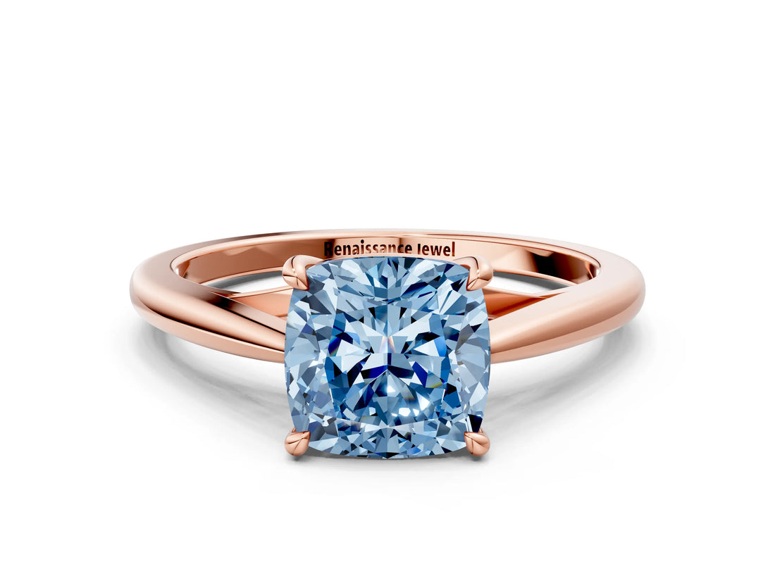 Rose gold Fancy Blue Cushion  Solitaire Engagement Ring with Four-Prong Setting and Classic Band