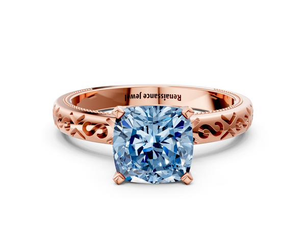 Rose gold Fancy Blue Cushion  Solitaire Engagement Ring with Scrollwork Band and Four-Prong Setting
