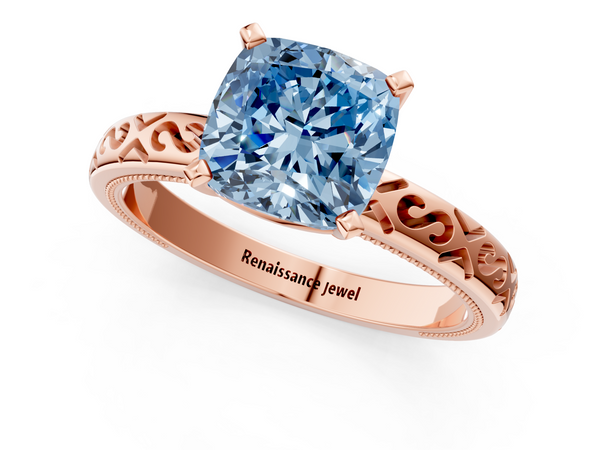 Rose gold Fancy Blue Cushion  Solitaire Engagement Ring with Scrollwork Band and Four-Prong Setting