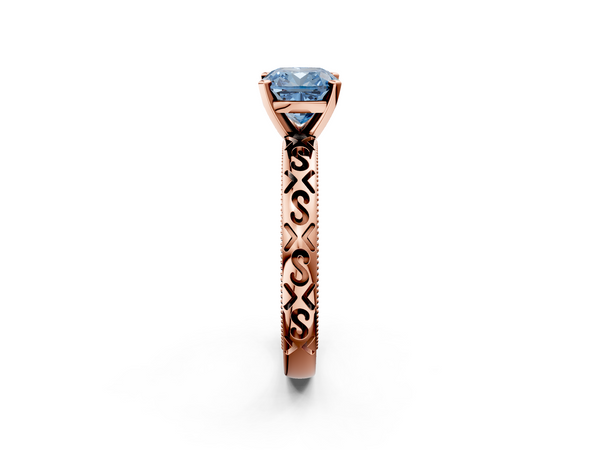 Rose gold Fancy Blue Cushion  Solitaire Engagement Ring with Scrollwork Band and Four-Prong Setting