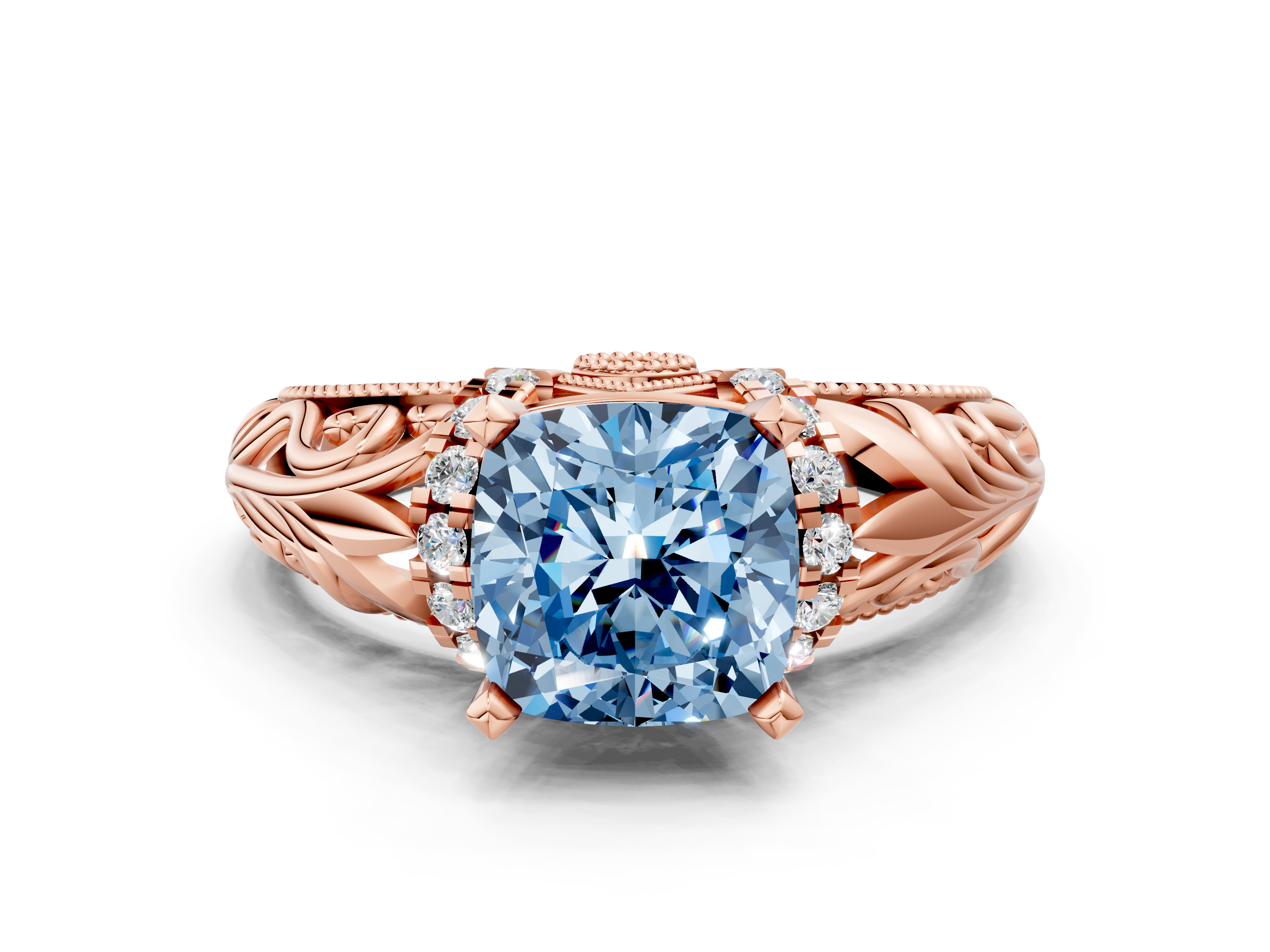 Rose gold Fancy Blue Cushion  Solitaire Filigree Engagement Ring with Halo and Prong Setting_68