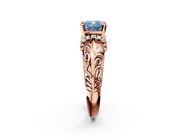 Rose gold Fancy Blue Cushion  Solitaire Filigree Engagement Ring with Halo and Prong Setting
