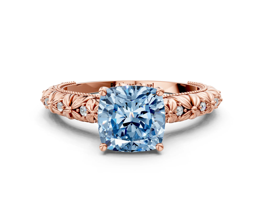 Rose gold Fancy Blue Cushion  Solitaire Floral Milgrain Engagement Ring_31