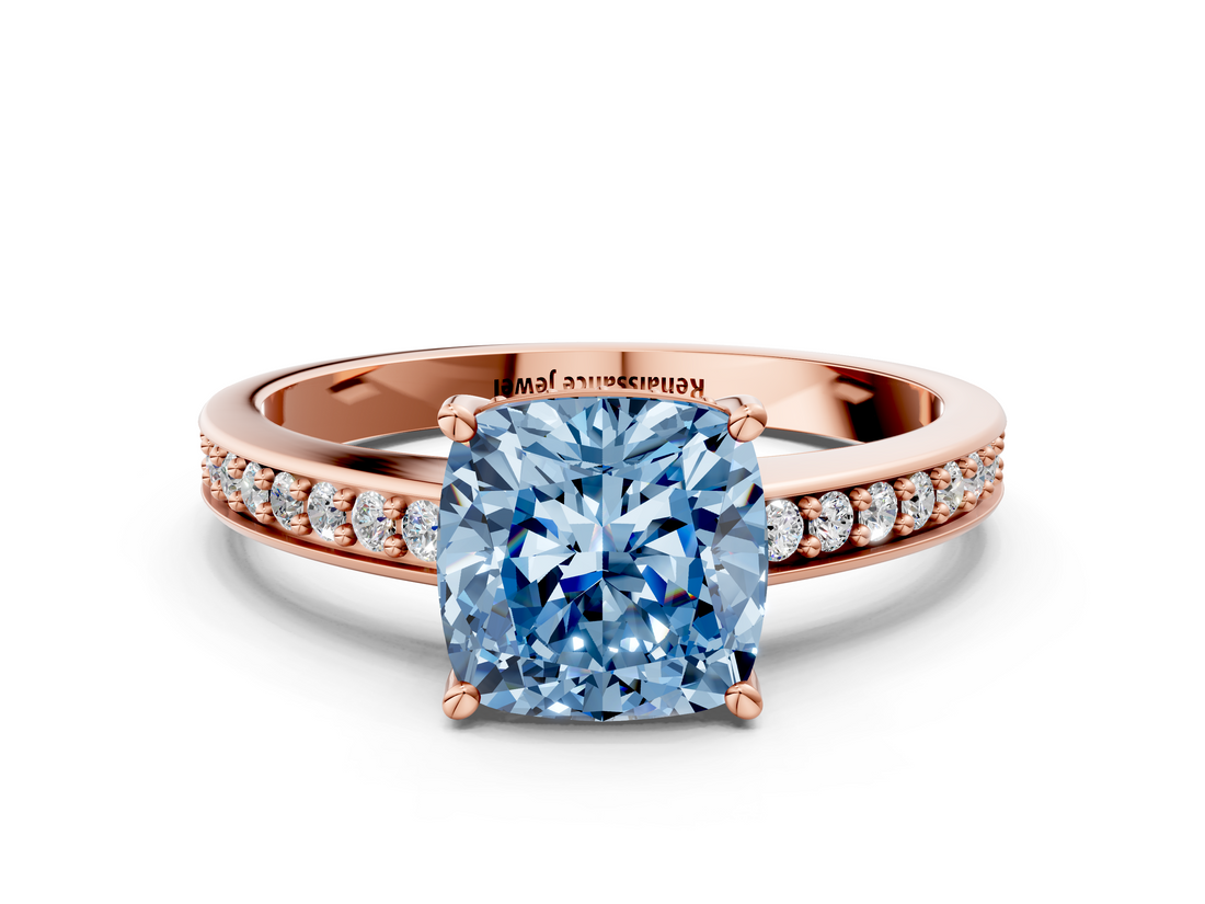 Rose gold Fancy Blue Cushion  Solitaire Pavé Band Prong Setting Ring_20