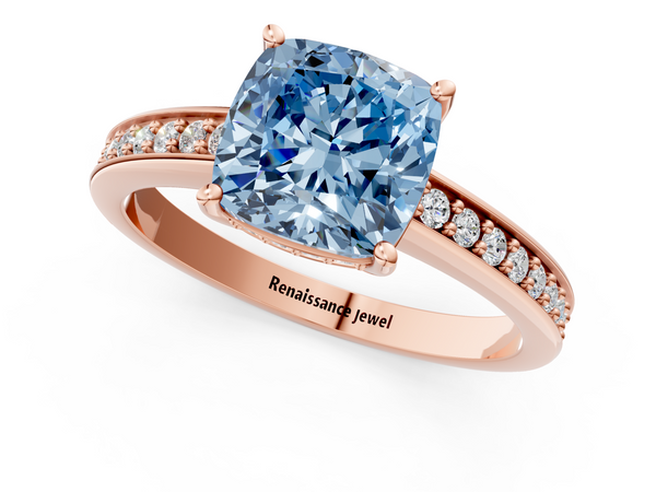 Rose gold Fancy Blue Cushion  Solitaire Pavé Band Prong Setting Ring
