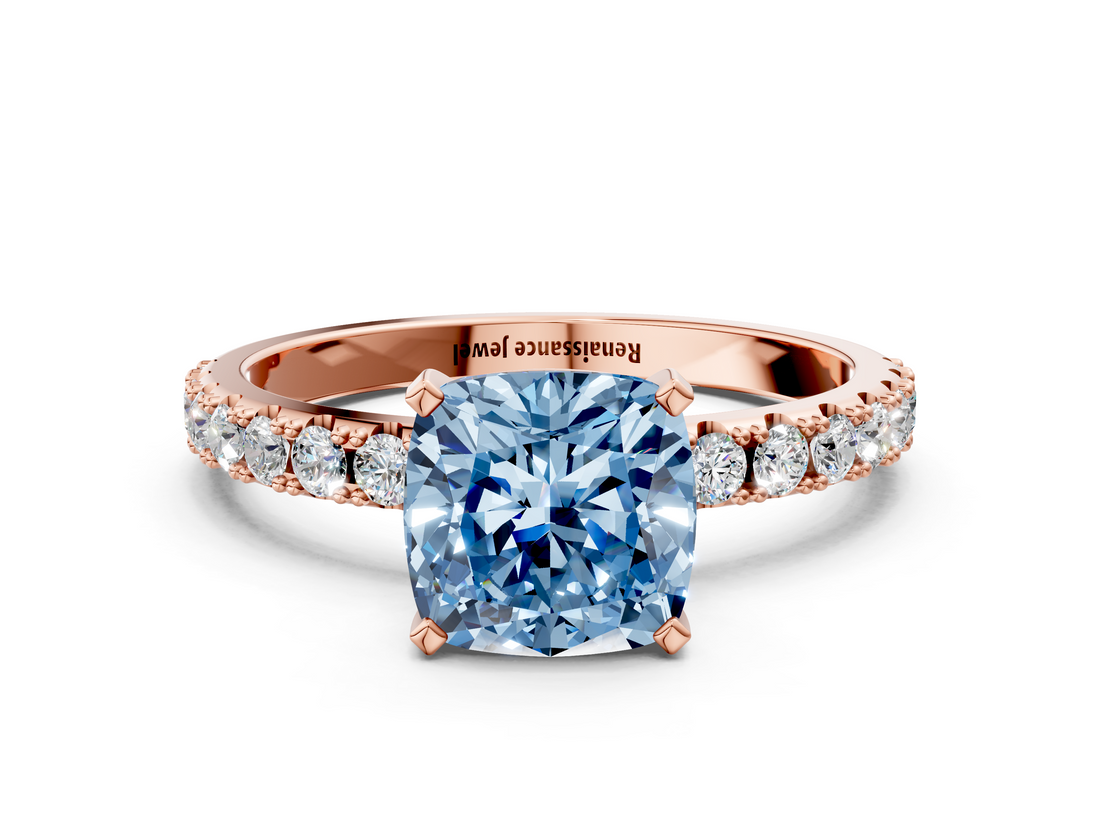 Rose gold Fancy Blue Cushion  Solitaire Pavé Band with Four-Prong Setting_156