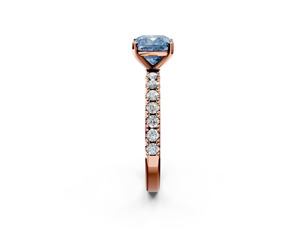 Rose gold Fancy Blue Cushion Cut Diamond Solitaire Pavé Band with Four-Prong Setting