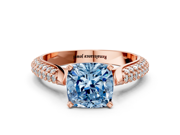 Rose gold Fancy Blue Cushion  Diamond Solitaire Engagement Ring with Pavé Band and Four-Prong Setting