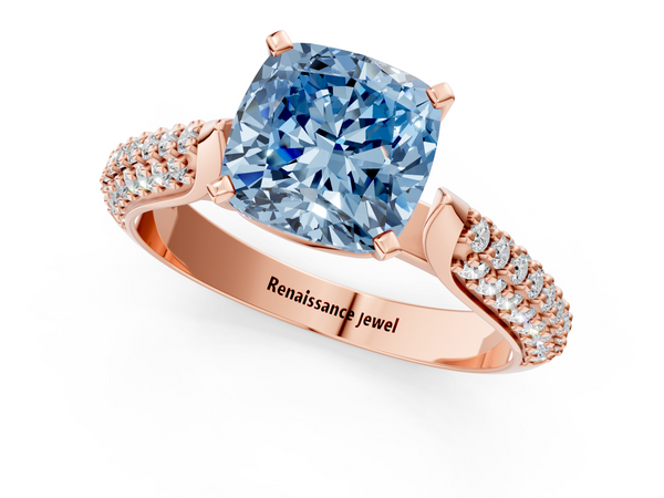 Rose gold Fancy Blue Cushion  Diamond Solitaire Engagement Ring with Pavé Band and Four-Prong Setting