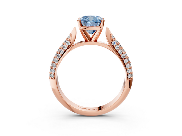 Rose gold Fancy Blue Cushion  Diamond Solitaire Engagement Ring with Pavé Band and Four-Prong Setting