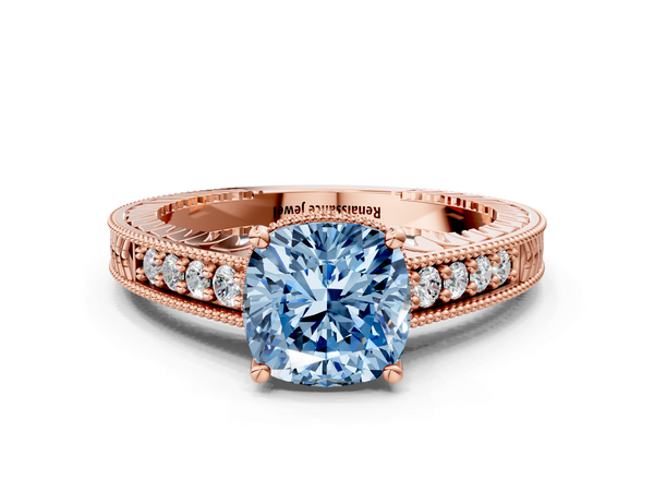 Rose gold Fancy Blue Cushion  Solitaire Pavé Diamond Milgrain Engagement Ring with Four-Prong Setting