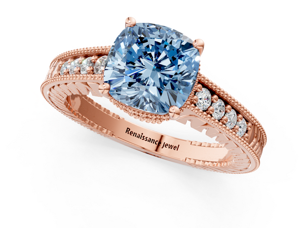 Rose gold Fancy Blue Cushion  Solitaire Pavé Diamond Milgrain Engagement Ring with Four-Prong Setting