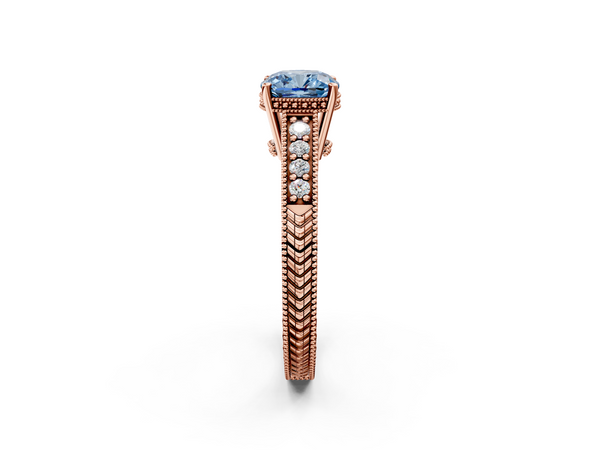 Rose gold Fancy Blue Cushion  Solitaire Pavé Diamond Milgrain Engagement Ring with Four-Prong Setting
