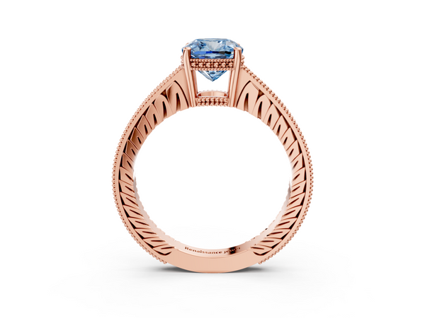 Rose gold Fancy Blue Cushion  Solitaire Pavé Diamond Milgrain Engagement Ring with Four-Prong Setting