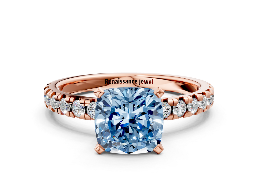 Rose gold Fancy Blue Cushion  Solitaire Pave Diamond Engagement Ring with Four-Prong Setting_347