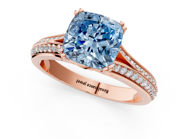 Rose gold Fancy Blue Cushion Cut Diamond Split Shank Engagement Ring with Pavé Band