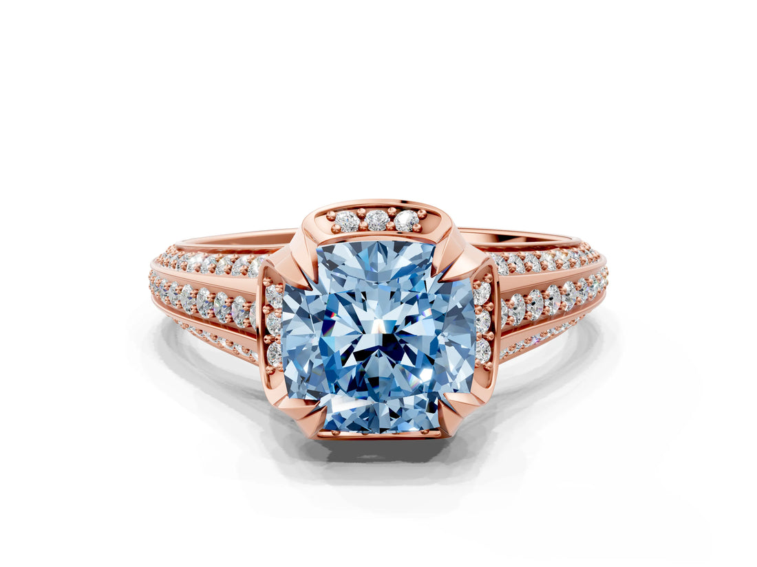 Rose gold Fancy Blue Cushion  Solitaire Pave Split Shank Ring with Four-Prong Setting_87