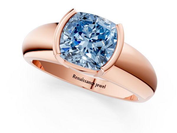 Rose gold Fancy Blue Cushion  Solitaire Tension Set Diamond Ring with Wide Band