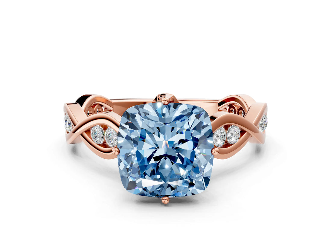 Rose gold Fancy Blue Cushion  Solitaire Twist Band with Leaf Prong Setting