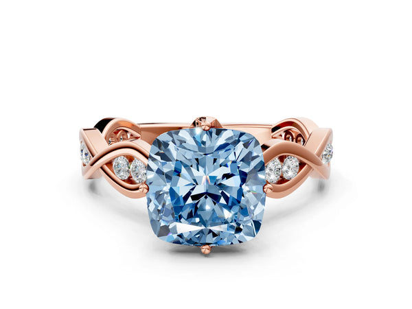 Rose Gold Cushion Cut Accented Twist Engagement Ring Setting for Fancy Blue Center