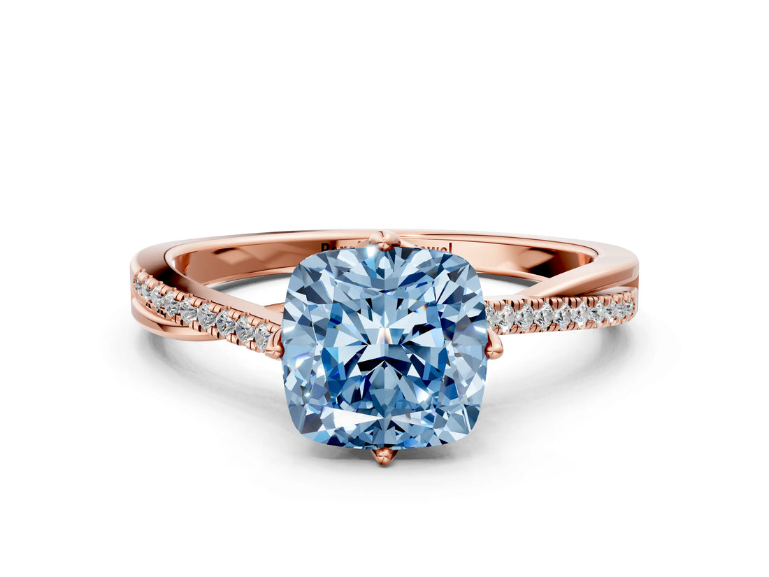 Rose gold Fancy Blue Cushion  Solitaire Twist Band with Pavé Diamonds and Four-Prong Setting_54