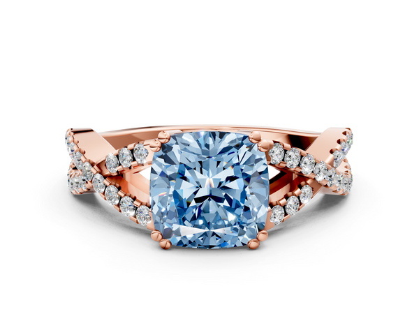 Rose gold Fancy Blue Cushion Cut Diamond Solitaire Ring with Four-Prong Setting and Twisted Pavé Band