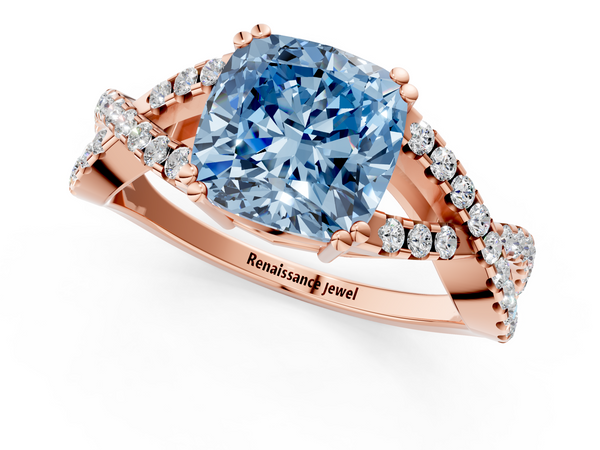 Rose gold Fancy Blue Cushion Cut Diamond Solitaire Ring with Four-Prong Setting and Twisted Pavé Band