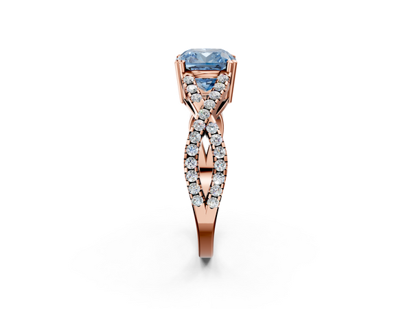 Rose gold Fancy Blue Cushion Cut Diamond Solitaire Ring with Four-Prong Setting and Twisted Pavé Band