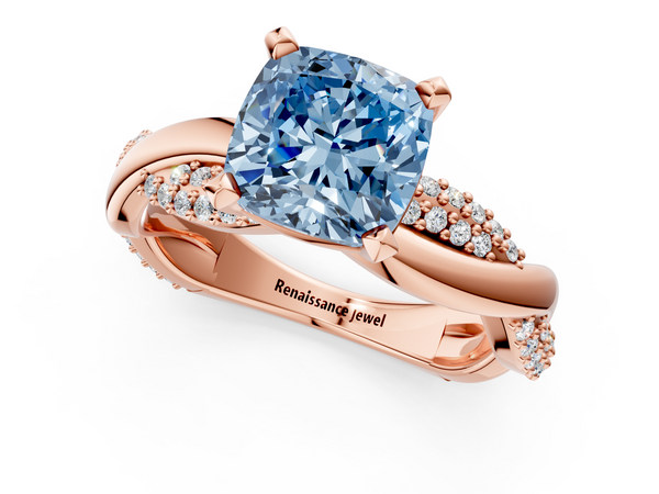 Rose gold Fancy Blue Cushion  Solitaire Twist Band with Pave Prong Setting