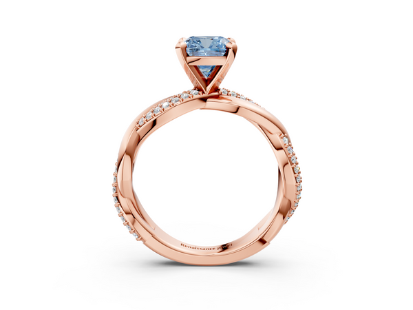 Rose gold Fancy Blue Cushion  Solitaire Twist Band with Pave Prong Setting